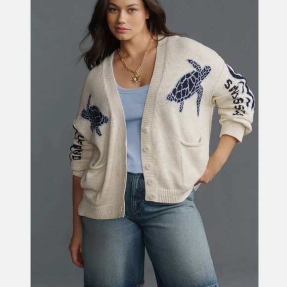Anthropologie Pilcro Sea Turtle Cardigan Sweater Surf Bound Nautical Size 3X NWT - Picture 1 of 10